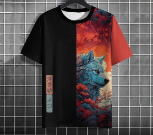 Koszulka T-Shirt Męska Asymetryczna z Japońskimi Motywami 