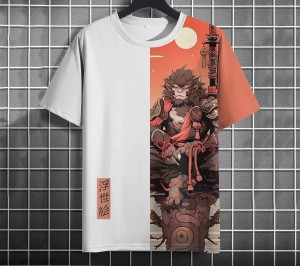 Koszulka T-Shirt Męska Asymetryczna z Japońskimi Motywami 