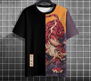 Koszulka T-Shirt Męska Asymetryczna z Japońskimi Motywami