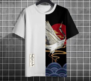 Koszulka T-Shirt Męska Asymetryczna z Japońskimi Motywami