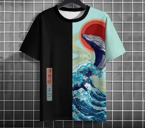 Koszulka T-Shirt Męska Asymetryczna z Japońskimi Motywami