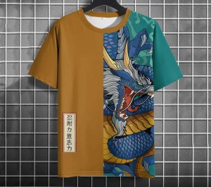 Koszulka T-Shirt Męska Asymetryczna z Japońskimi Motywami