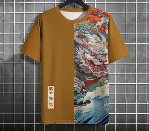 Koszulka T-Shirt Męska Asymetryczna z Japońskimi Motywami