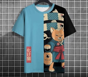 Koszulka T-Shirt Męska Asymetryczna z Japońskimi Motywami