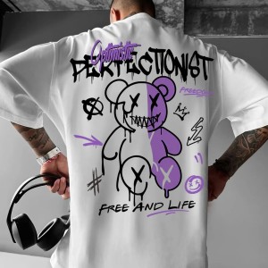 Streetwear Koszulka Oversize Męska z Nadrukiem Misia Graffiti – Krótki Rękaw, Luźny Krój