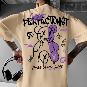 Streetwear Koszulka Oversize Męska z Nadrukiem Misia Graffiti – Krótki Rękaw, Luźny Krój