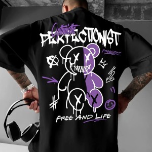 Streetwear Koszulka Oversize Męska z Nadrukiem Misia Graffiti – Krótki Rękaw, Luźny Krój