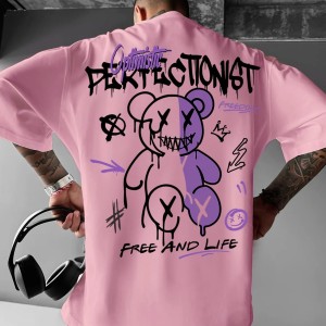 Streetwear Koszulka Oversize Męska z Nadrukiem Misia Graffiti – Krótki Rękaw, Luźny Krój