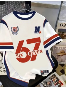 Dziecięca Koszulka Sportowa 67 SIX SEVEN Casual na Lato 2026, Nadruk Cyfrowy, Oddychająca na Plażę