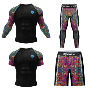 Męski Zestaw Kompresyjny 4w1 Rashguard Krótki + Długi Rękaw + Spodenki + Legginsy MMA Fitness Siłownia Oddychający