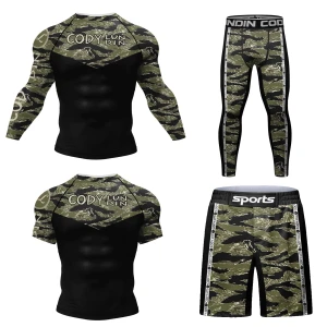Męski Zestaw Kompresyjny 4w1 Rashguard Krótki + Długi Rękaw + Spodenki + Legginsy MMA Fitness Siłownia Oddychający