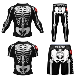 Męski Zestaw Kompresyjny 4w1 Rashguard Krótki + Długi Rękaw + Spodenki + Legginsy MMA Fitness Siłownia Oddychający