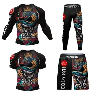 Męski Zestaw Kompresyjny 4w1 Rashguard Krótki + Długi Rękaw + Spodenki + Legginsy MMA Fitness Siłownia Oddychający