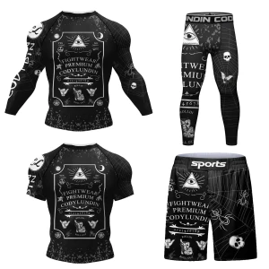 Męski Zestaw Kompresyjny 4w1 Rashguard Krótki + Długi Rękaw + Spodenki + Legginsy MMA Fitness Siłownia Oddychający