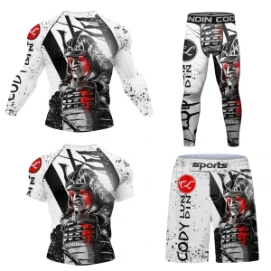 Męski Zestaw Kompresyjny 4w1 Rashguard Krótki + Długi Rękaw + Spodenki + Legginsy MMA Fitness Siłownia Oddychający