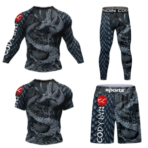 Męski Zestaw Kompresyjny 4w1 Rashguard Krótki + Długi Rękaw + Spodenki + Legginsy MMA Fitness Siłownia Oddychający