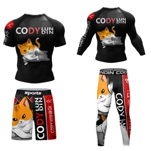 Męski Zestaw Kompresyjny 4w1 Rashguard Krótki + Długi Rękaw + Spodenki + Legginsy MMA Fitness Siłownia Oddychający