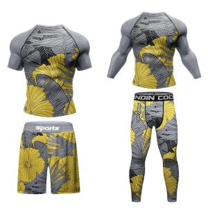 Męski Zestaw Kompresyjny 4w1 Rashguard Krótki + Długi Rękaw + Spodenki + Legginsy MMA Fitness Siłownia Oddychający