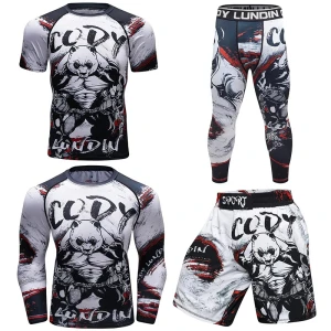 Męski Zestaw Kompresyjny 4w1 Rashguard Krótki + Długi Rękaw + Spodenki + Legginsy MMA Fitness Siłownia Oddychający