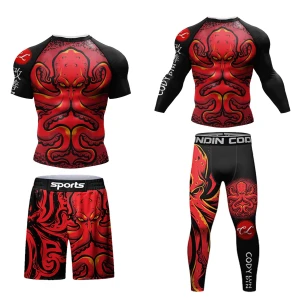 Męski Zestaw Kompresyjny 4w1 Rashguard Krótki + Długi Rękaw + Spodenki + Legginsy MMA Fitness Siłownia Oddychający