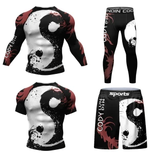 Męski Zestaw Kompresyjny 4w1 Rashguard Krótki + Długi Rękaw + Spodenki + Legginsy MMA Fitness Siłownia Oddychający