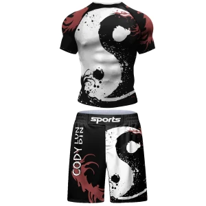 Męski Zestaw No-Gi BJJ: Rashguard + Spodenki MMA Kompresyjny Strój do Jiu Jitsu, Muay Thai, Grappling